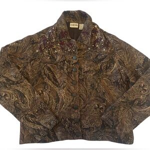 Chico’s Vintage Tapestry Jacket Brown Gold Paisley Wool Blend Button Front